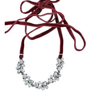 Silver Tone Clear Rhinestone Collar, Red Velvet Cord Statement Necklace 60" Long